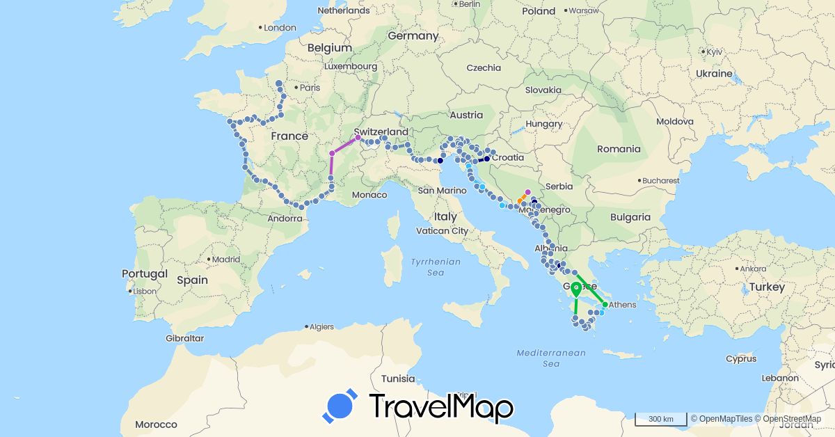 TravelMap itinerary: driving, bus, cycling, train, boat, hitchhiking in Albania, Bosnia and Herzegovina, Switzerland, France, Greece, Croatia, Italy, Montenegro, Slovenia (Europe)